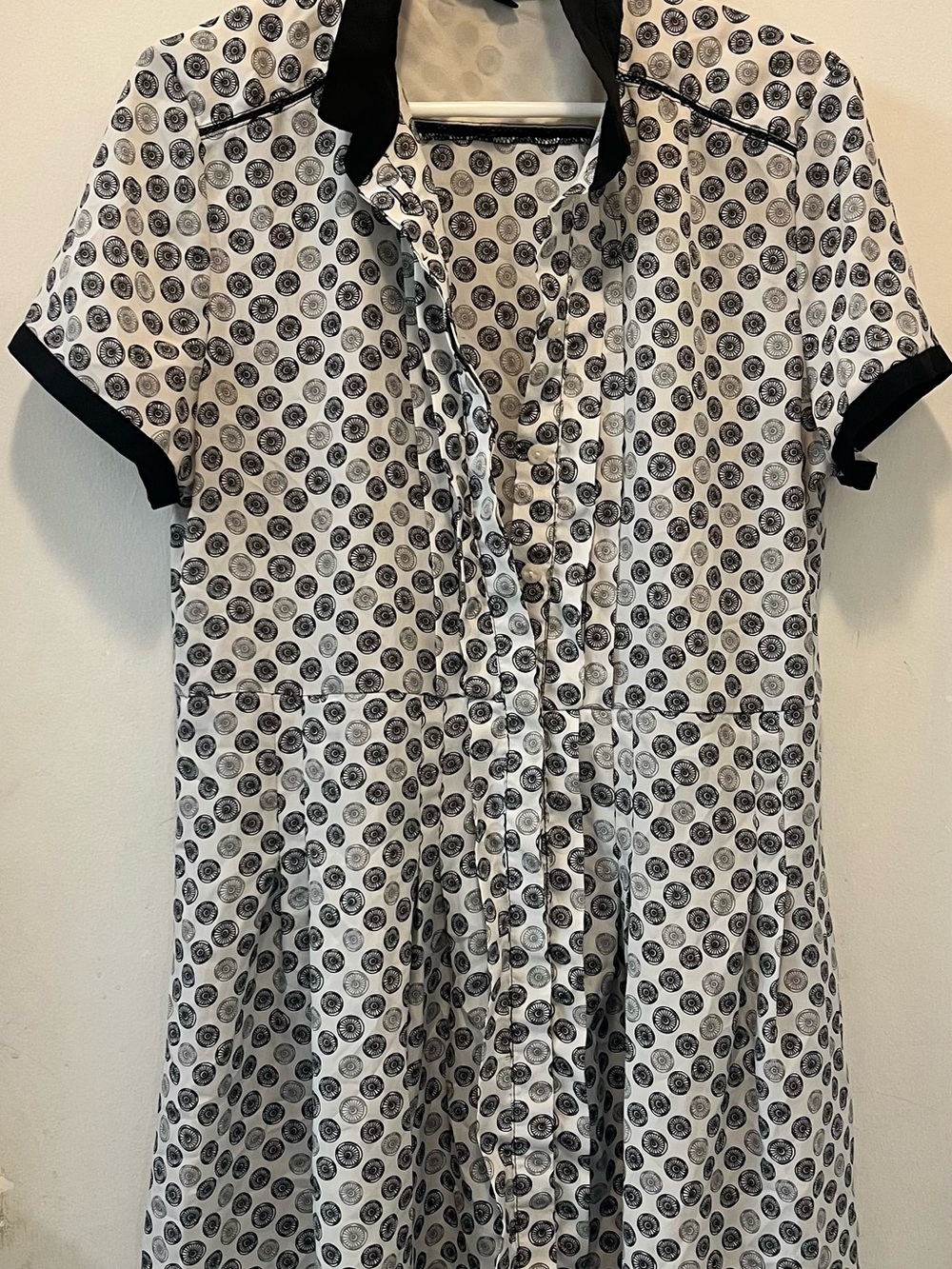 Short-Sleeve Mini Shirt Dress in Black & White Dot Print
